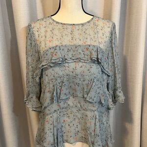 Rebecca Taylor Floral Ruffle Blouse - Soft Blue